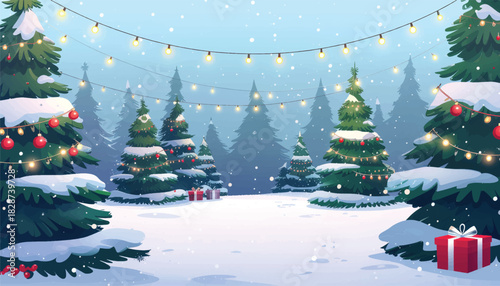 Festive Winter Garden Scene Flat Vector Illustration