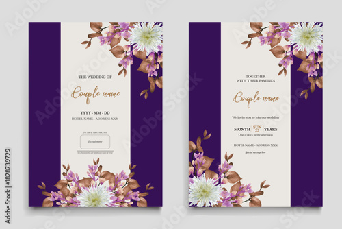 WEDDING INVITATION FRAME WITH FLOWER DECORATIONS AND FRESH LEAVES