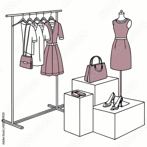A minimalist line art illustration of a fashion boutique display with clothing rack, mannequin, dresses, shoes, and handbags.
