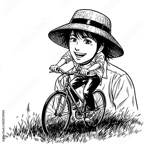 Child's bicycle ride: In this monochrome scene, a young individual, adorned with a sunhat, embarks on a bicycle ride, radiating joy and carefree spirit.