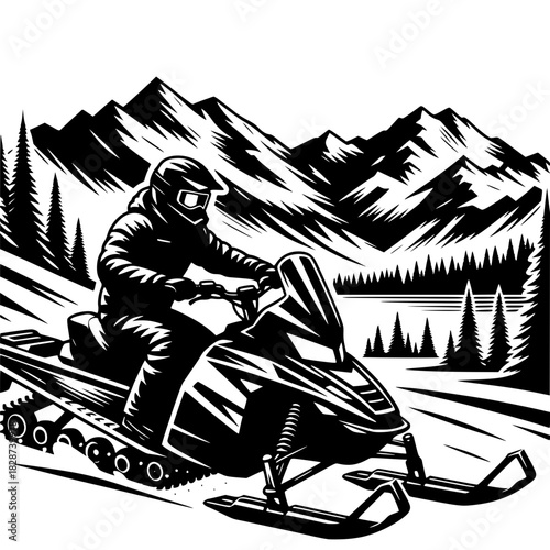 Snowmobile Adventure: An individual clad in protective gear navigates a snow-covered landscape, astride a powerful snowmobile, with towering mountains and pine trees in the background.