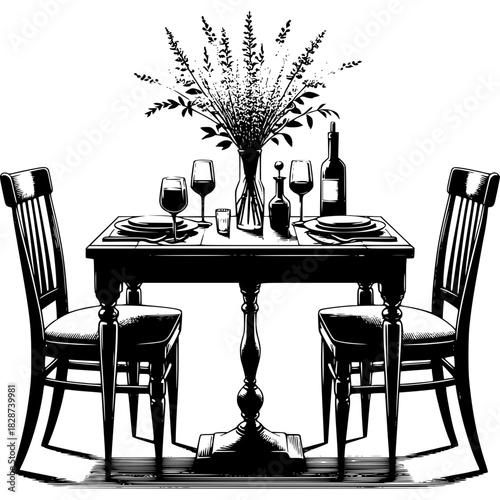 Romantic Table Setting Illustration: An elegant dinner setup for two, complete with delicate glassware, fine wine, and a beautiful floral centerpiece, evokes a sense of romance and intimacy.