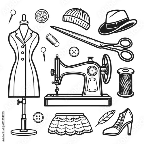 Black and white line art illustration of various sewing and fashion items including a mannequin, sewing machine, scissors, hats, thread, buttons, and a shoe.