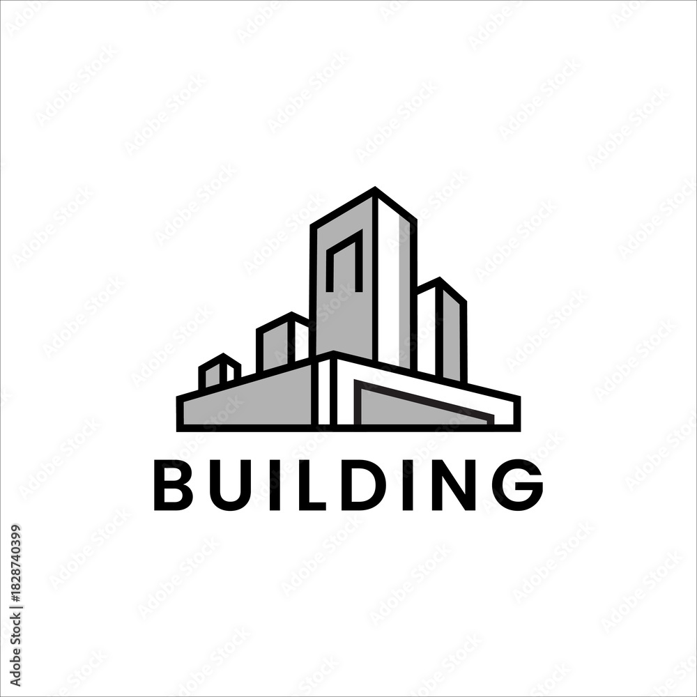 Naklejka premium Modern building logo vector with minimalist skyscraper outline for real estate construction architecture corporate property and city development design