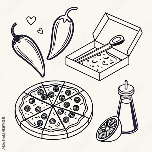Line art illustration of pizza, chili peppers, sauce, and condiments for a meal.