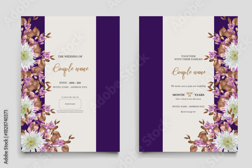 WEDDING INVITATION FRAME WITH FLOWER DECORATIONS AND FRESH LEAVES