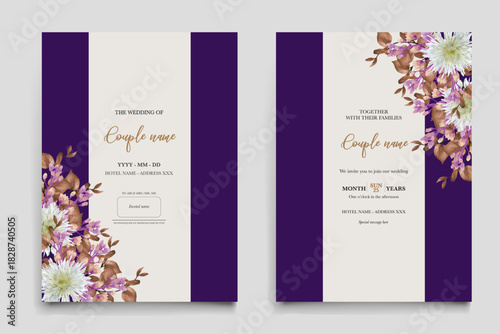 WEDDING INVITATION FRAME WITH FLOWER DECORATIONS AND FRESH LEAVES