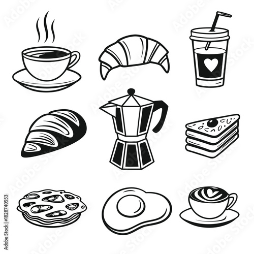 A collection of hand-drawn breakfast and coffee items including croissants, coffee cups, a moka pot, bread, cake, pie, and a fried egg, in black and white.