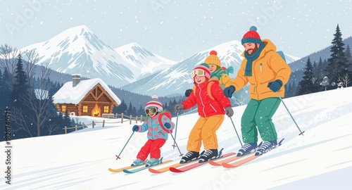 Exciting family ski ride down bright snowy slopes. Winter fun on alpine hills with parents and child. Joyful downhill skiing in crisp mountain air. Happy winter adventure across snowy alpine terrain