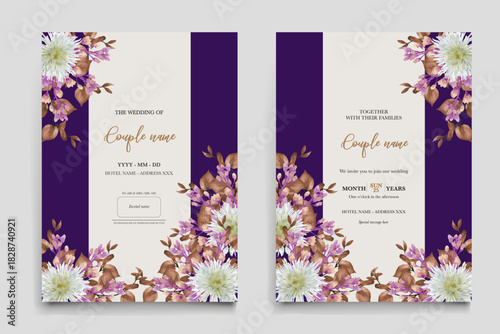 WEDDING INVITATION FRAME WITH FLOWER DECORATIONS AND FRESH LEAVES