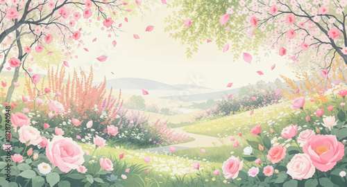 Dreamy flower meadow glowing in warm spring light. Peaceful floral landscape with gentle drifting petals. Romantic spring valley filled with blooming colors. Bright meadow scene surrounded