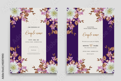 WEDDING INVITATION FRAME WITH FLOWER DECORATIONS AND FRESH LEAVES