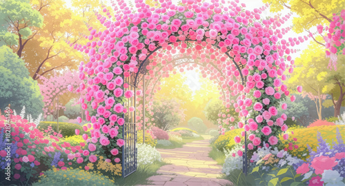Dreamy pink flower arch glowing in soft morning light. Serene garden path framed by lush pastel blossoms. Gentle sunrise illuminating a romantic floral arch