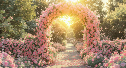 Golden sunrise illuminating a lush pink flower arch. Sunlit floral archway glowing. Radiant garden path framed by vibrant pink roses. Bright morning light shining through a rose arch
