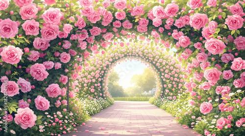 Stunning circular rose tunnel glowing with soft light. Blooming pink rose archway forming a perfect garden ring. Romantic floral tunnel filled with lush pastel roses