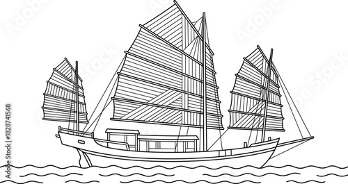 Black and White Line Art Drawing of a Traditional Chinese Junk Ship Sailing on Waves, Ancient Asian Sailing Vessel, Outline Vector Illustration, Maritime History Sketch