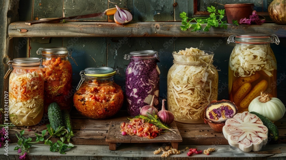 Fototapeta premium A selection of home-fermented vegetables in jars, featuring sauerkraut, kimchi and pickles on a rustic wooden table.