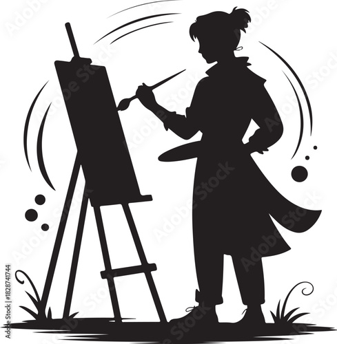 Silhouette of a woman painting at an easel in nature