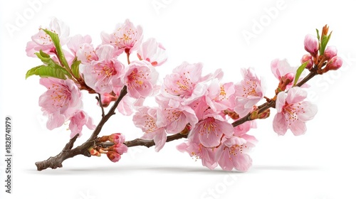 A vibrant branch of cherry blossoms displays soft pink flowers signaling the arrival of spring. The blossoms contrast beautifully with their green leaves creating a picturesque scene.