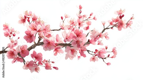 A branch of cherry blossoms displays a beautiful array of pink flowers with rich details. The vibrant blooms contrast against the white background highlighting spring's arrival.
