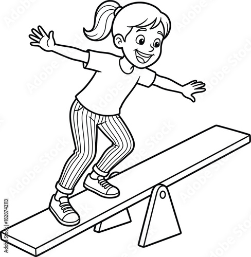 Black and White Line Art Drawing of a Happy Girl Balancing on a Seesaw or Teeter-Totter, Playground Activity, Outline Vector Illustration, Kids Fun Coloring Page