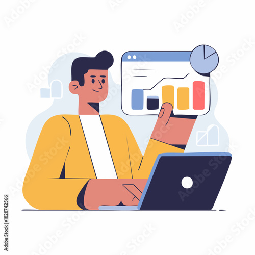 A man analyzing business data and financial reports on a laptop with charts and graphs, representing data analysis and business intelligence.
