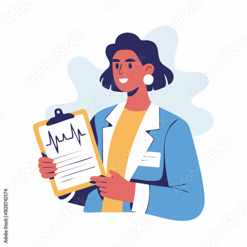 Smiling female doctor holding a clipboard with an ECG waveform, representing healthcare and medical services.