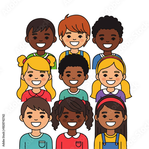 Group of diverse smiling children standing together in a colorful illustration portrait of unity and happiness.