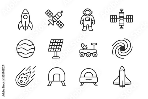 Rover space planet hole exploration shuttle panel astronaut lunar icon vector icons