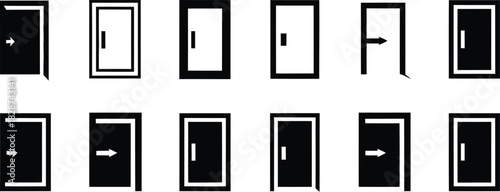 A minimalist icon set of exit doors arrayed in a grid, featuring simple black and white vector illustrations of opening and closing doorways with directional arrows for navigation