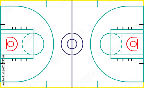A symmetrical top-down vector illustration of a basketball court layout with all the standard lines and markings.