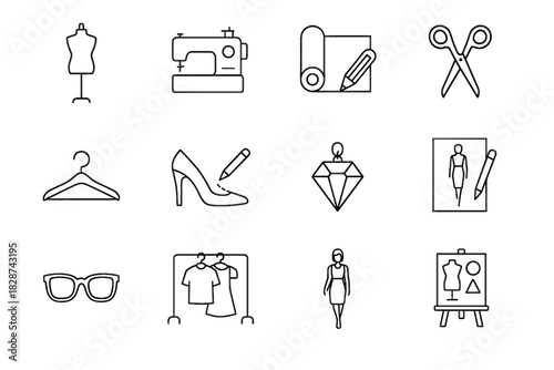Set rack icon fashion design board model sketch fabric machine vector clothing