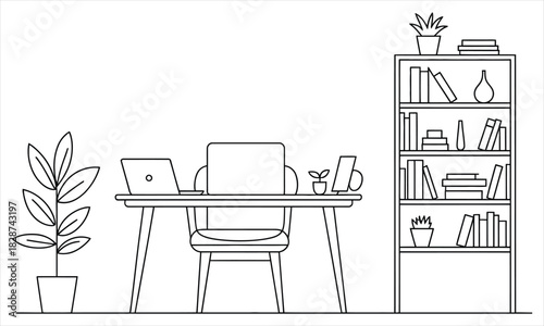 Line drawing reveals a desk, chair, computer, bookshelf, and potted plants inside room