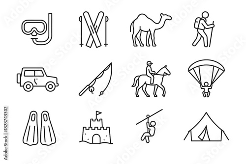 Vector ski tent jungle icon safari travel assortment sandcastle zipline riding horse