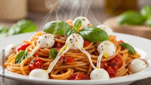 Italian Spaghetti with Mozzarella Basil  Tomato.