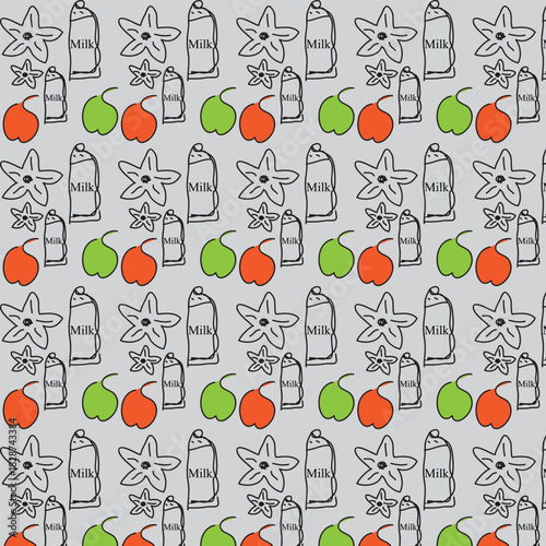 Hand-Drawn Milk Bottles and Fruits Pattern.Whimsical and minimalist line art pattern suitable for dairy products and fresh produce,textiles,fabric for aprons,packaging,digital,stationery,home decor.