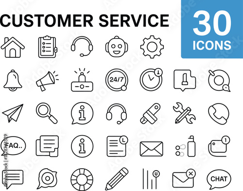 A set of 30 minimalist line art icons for customer service and user support. Vector symbols for helpdesk, contact, and communication