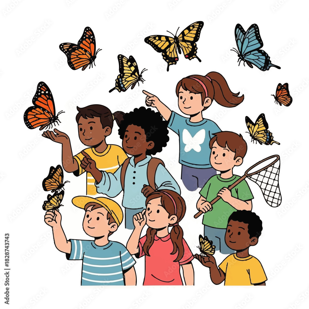 Naklejka premium Children observing colorful butterflies in a sunny outdoor scene with friends.