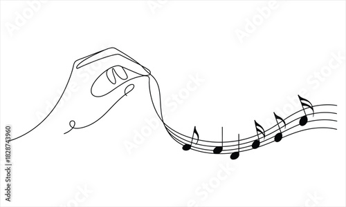 Minimalist single line art depicts a human hand creating musical notes floating on a stave