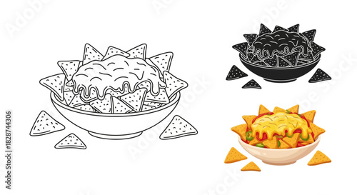 Vector illustration of set of nachos with melted cheese in a bowl