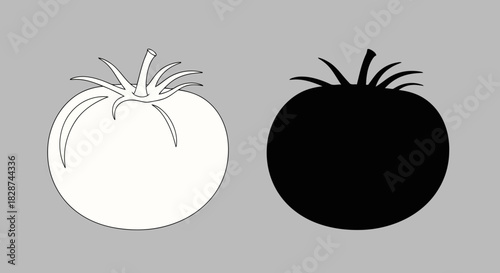 Vector illustration of stylized tomato icons in white outline and solid black on grey