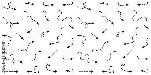 Seamless pattern of dashed arrows with curved and straight lines pointing in different directions for design elements