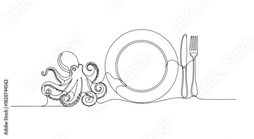 Vector illustration of continuous line drawing of an octopus with plate, knife, and fork