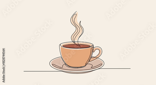 Vector illustration of minimalist line art drawing of a steaming cup of hot coffee on a saucer