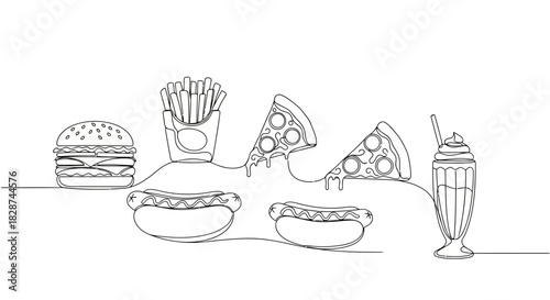Vector illustration of continuous line drawing of various fast food items