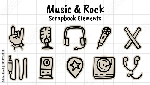 Music and Rock Doodle Set: Hand-Drawn Scrapbook Elements of Audio Gear, DJ, Concert, and Sound Icons for Posters, Studio Graphics, Playlist Covers, Merchandise, and Festival Design