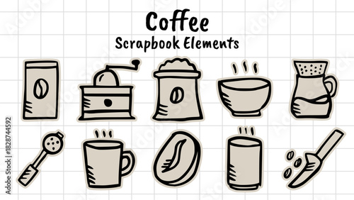 Coffee and Barista Doodle Set: Hand-Drawn Scrapbook Elements of Brewing Gear, Beans, Cups, and Tools for Cafe Menu Design, Stickers, Recipe Graphics, and Coffee Shop Branding