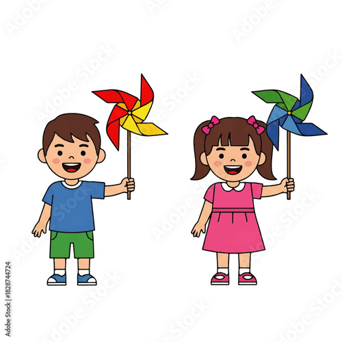 Two cheerful children playing with colorful pinwheels in a bright outdoor scene.