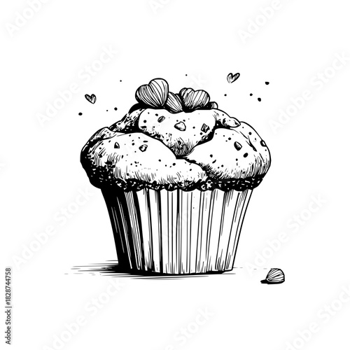 A delightful hand drawn muffin topped with hearts and sprinkles in black and white illustration style