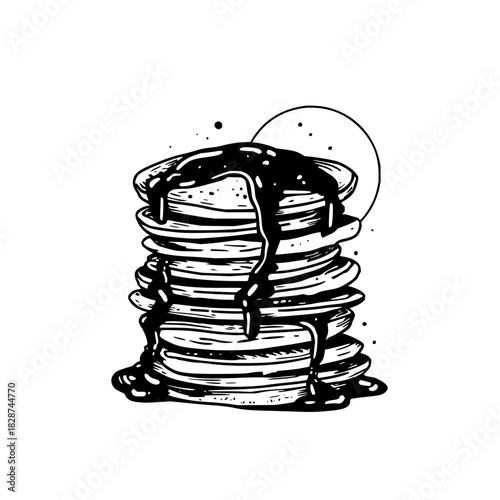 Illustration of a tall stack of pancakes drizzled with chocolate syrup against a white background